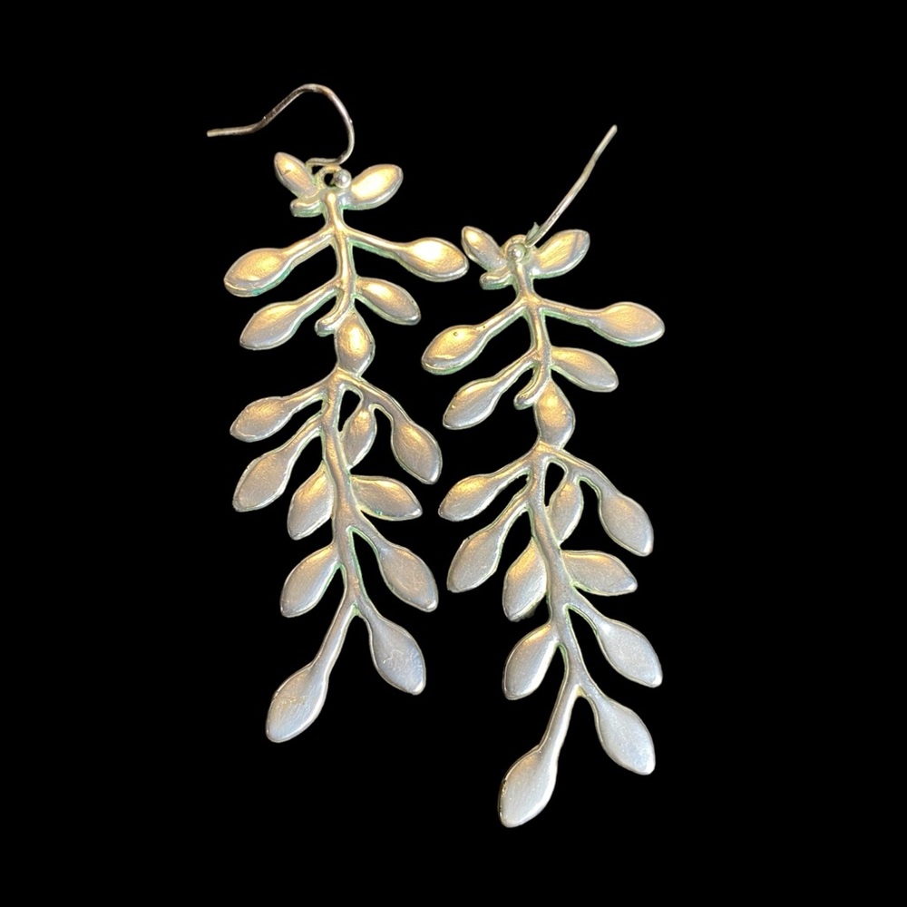 Silver Tone Long Statement Earrings. Leaf, Fern D… - image 1